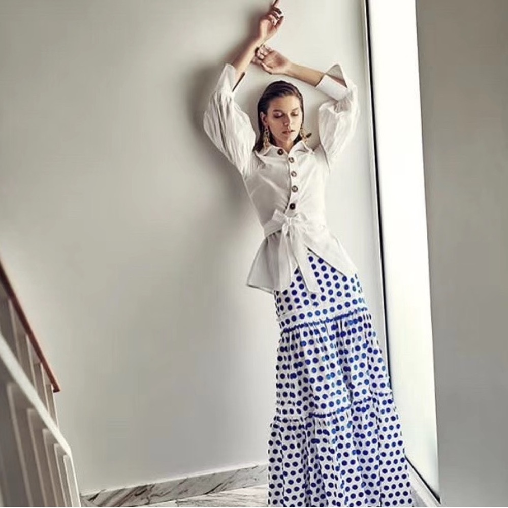 C/MEO Collective White Button Tie-Waist Blouse with Blue Polka Dot Skirt